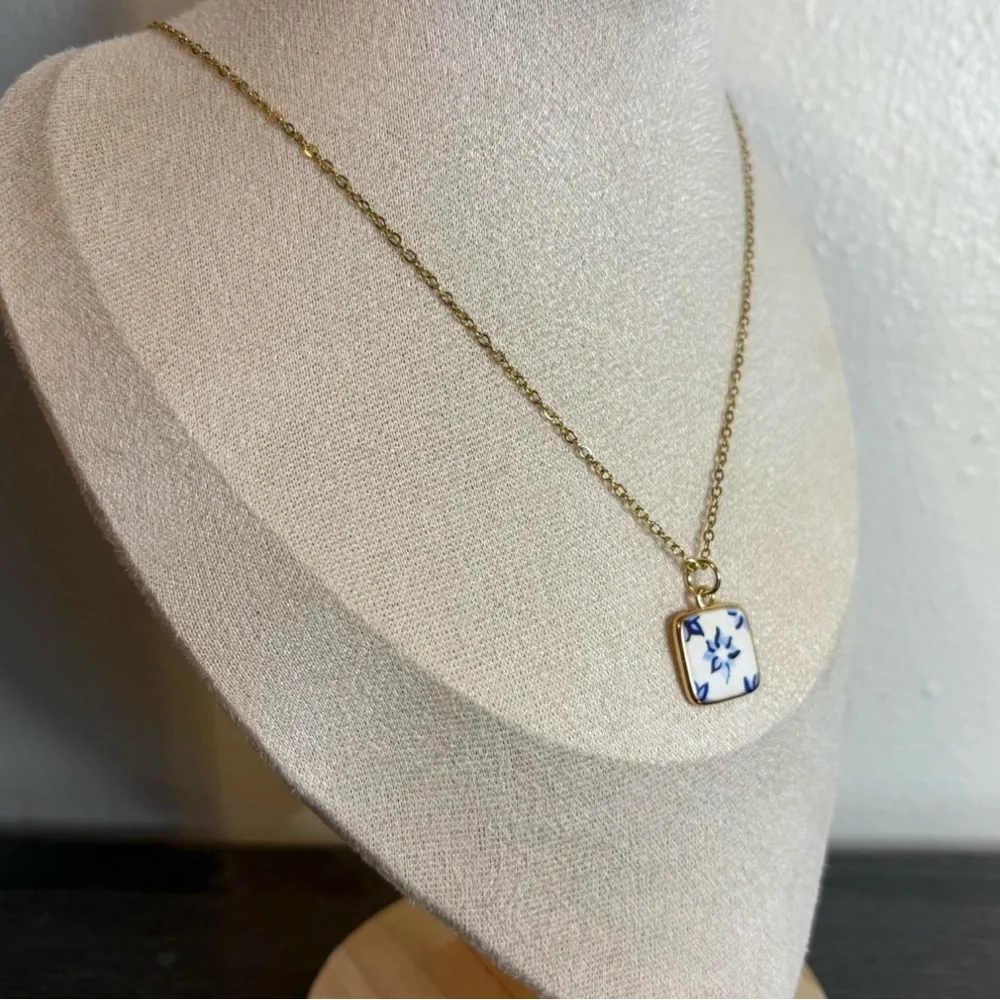 Handmade Gold/Blue Flower Necklace | Waterproof & Tarnish Resistant - Picture 3 of 5